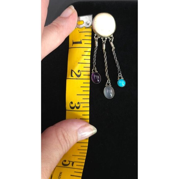 Carved Moon Face Sajen Dangle 925 Earrings Amethyst Turquoise & Moonstone - Picture 10 of 14